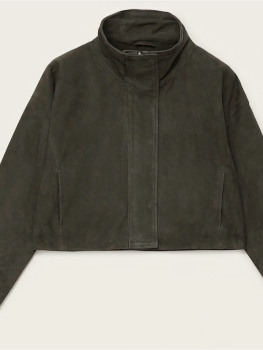 AllSaints Ryder Dark Olive Goat Suede Short Collar Jacket Size M Extremely Soft.